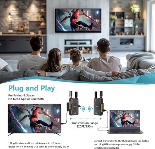 Wireless HDMI Transmitter and Receiver 4K: Plug&Play HDMI Wireless Extender Kit, 5G 820FT HDMI Sender and Receiver with Loopout for Streaming Video and Audio to Monitor from Laptop/PC, Audio Interface - 이미지 3