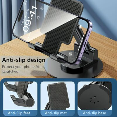 Phone Stand for Desk, 360 Degree Rotating Phone Stand Adjustable Cell Phone Stand Accessories Portable Smart Phone Stands Foldable Holder for Desk Home Office (Black) - 이미지 5