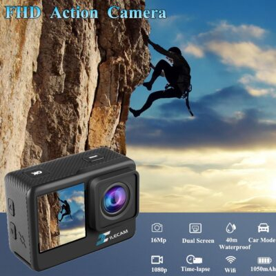"Next-Gen 1080P Waterproof Dual Screen Action Camera: Dive Deep with 4X Zoom & Ultimate Accessories!"