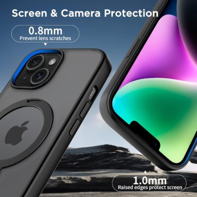 CACOE Magnetic Case for iPhone 13/14 6.1 inch with 360 Rotatable Ring Stand, Compatible with MagSafe Car Phone Mount, Cases Cover Phone Holder for Desk Meeting/Videos Matte Black - 이미지 5