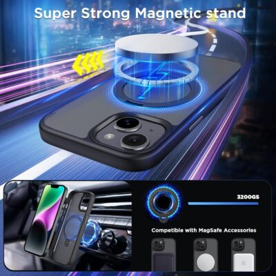 CACOE Magnetic Case for iPhone 13/14 6.1 inch with 360 Rotatable Ring Stand, Compatible with MagSafe Car Phone Mount, Cases Cover Phone Holder for Desk Meeting/Videos Matte Black - 이미지 3