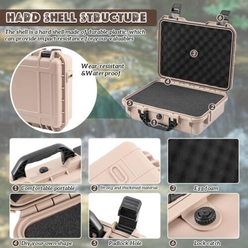 14.3 x 11.4 x 4.5 Inch Waterproof Hard Case with DIY Customizable Foam Insert Portable Protective Case with Knife for Camera Drones Equipments Tools Test Instruments (Tan) - 이미지 3
