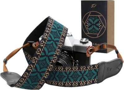 "Embrace Elegance: The Mystic Green Embroidered Camera Strap with Luxe Cowhide Accents for Every Photographer"