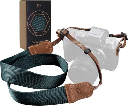 "Crafted Elegance: Dark Blue Green Dual-Layer Camera Strap - Perfect Blend of Cotton and Crazy Horse Cowhide for Every Photographer"