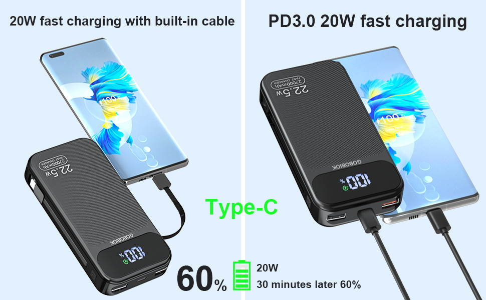 Power Bank 27000mAh Fast Charging Built-in 2 Cables, 22.5W Portable Charger, Portable USB C Power Bank Battery Pack with LCD Display Powerbank for Smartphones Tablets and More 9 Power Bank 27000mAh Fast Charging Built-in 2 Cables, 22.5W Portable Charger, Portable USB C Power Bank Battery Pack with LCD Display Powerbank for Smartphones Tablets and More-