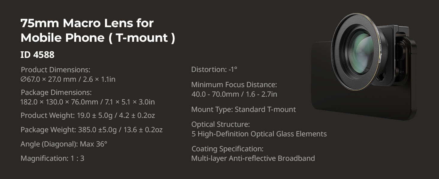 SMALLRIG 75mm HD Master Macro Lens, T-Mount Lens for iPhone, for Samsung, for Huawei, for Xiaomi, Macro Photography Phone Camera Lens Attachment - 4588 17 SMALLRIG 75mm HD Master Macro Lens, T-Mount Lens for iPhone, for Samsung, for Huawei, for Xiaomi, Macro Photography Phone Camera Lens Attachment - 4588-