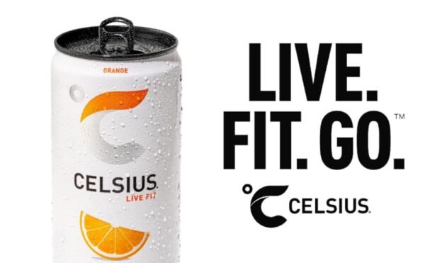 Celsius orange can with bold black text Live Fit Go