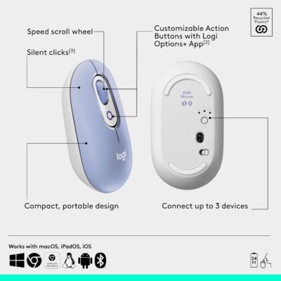 Logitech POP Mouse: The Versatile Silent Companion for Your Devices in Lilac. 8 Logitech POP Mouse: The Versatile Silent Companion for Your Devices in Lilac.