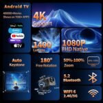 [Built-in App] Mini Projector 1080P Full HD, 4K Projector with 180 Rotation, Portable Projector WiFi 6&Bluetooth 5.2 Support, Featuring Auto Keystone Correction, HDMI/USB Connectivity Black