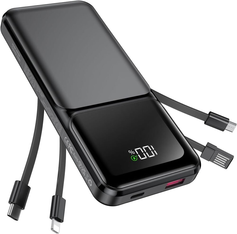 Ultra-Slim 20,000mAh Power Bank with Built-in Cable and Rapid Charging for All Devices
