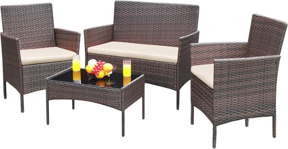 Chic Outdoor Conversation Set: Brown and Beige Wicker Rattan with Cushions and Glass Table