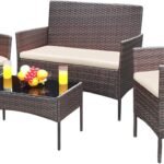 Chic Outdoor Conversation Set: Brown and Beige Wicker Rattan with Cushions and Glass Table