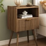 Contemporary Walnut Brown Nightstand with Storage and Open Shelf for Stylish Storage...