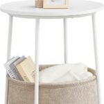 Chic Compact Side Table with Stylish Fabric Basket in Matte White and Camel Brown