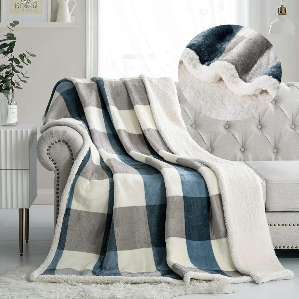 Reversible Plush Sherpa Fleece Blanket for Cozy Comfort – 60" x 80" in Grey and Soft Blue