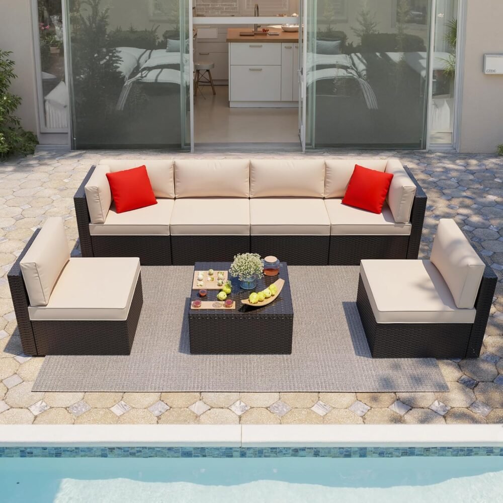 Elegant Beige All-Weather Patio Sofa Set with Glass Table and Ottoman