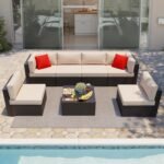 Elegant Beige All-Weather Patio Sofa Set with Glass Table and Ottoman