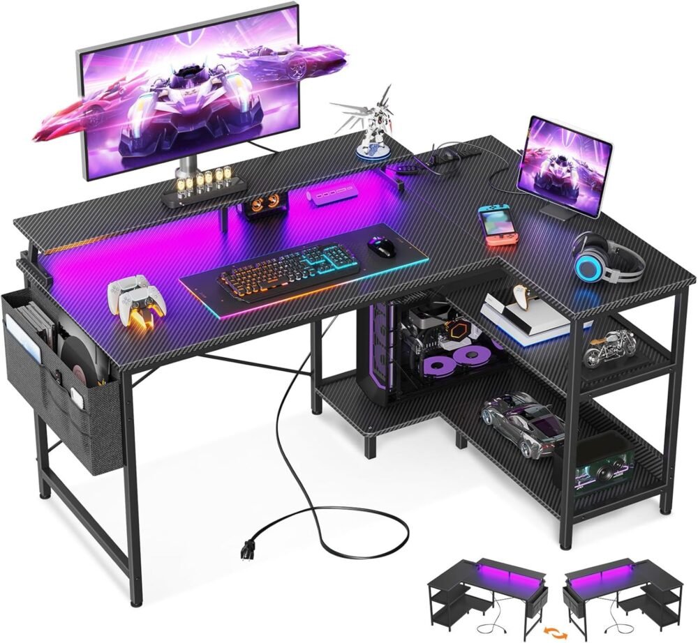 Versatile 48-Inch L-Shaped Gaming Desk with LED Lights & USB Ports for Ultimate Gaming...