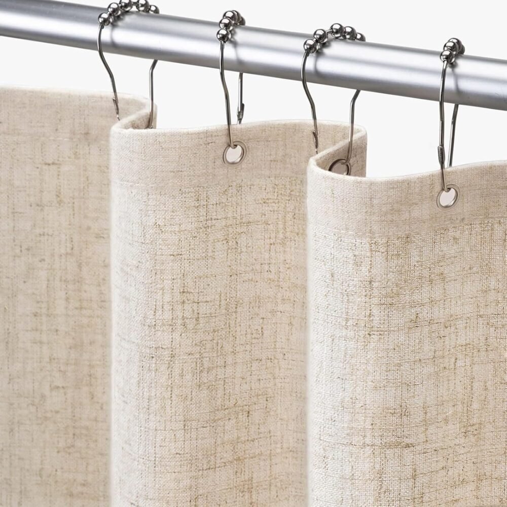 Boho Beige Linen Shower Curtain with Cream Liner - Perfect for a Farmhouse Bathroom...