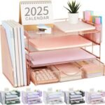 Elegant Rose Gold Desk Organizer: 4-Tier File Holder with Drawer and Pen Holders