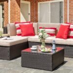 Stylish Beige Outdoor Sectional Sofa Set with Ottoman and Glass Table for Any Garden...