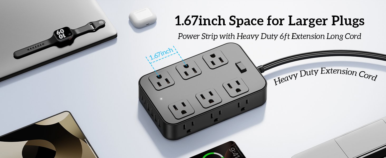 Flat Plug Power Strip Surge Protector Extens 527