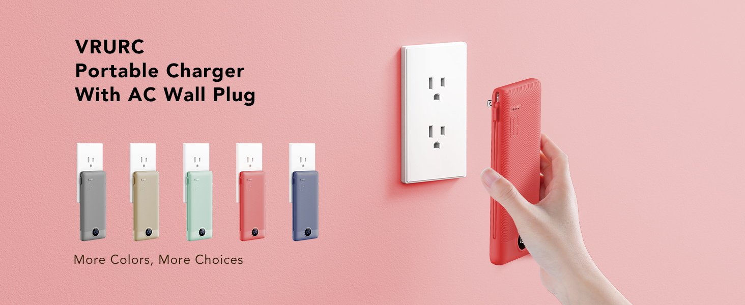 Portable Charger Built Cables Wall Plug, VRURC Power Bank 503
