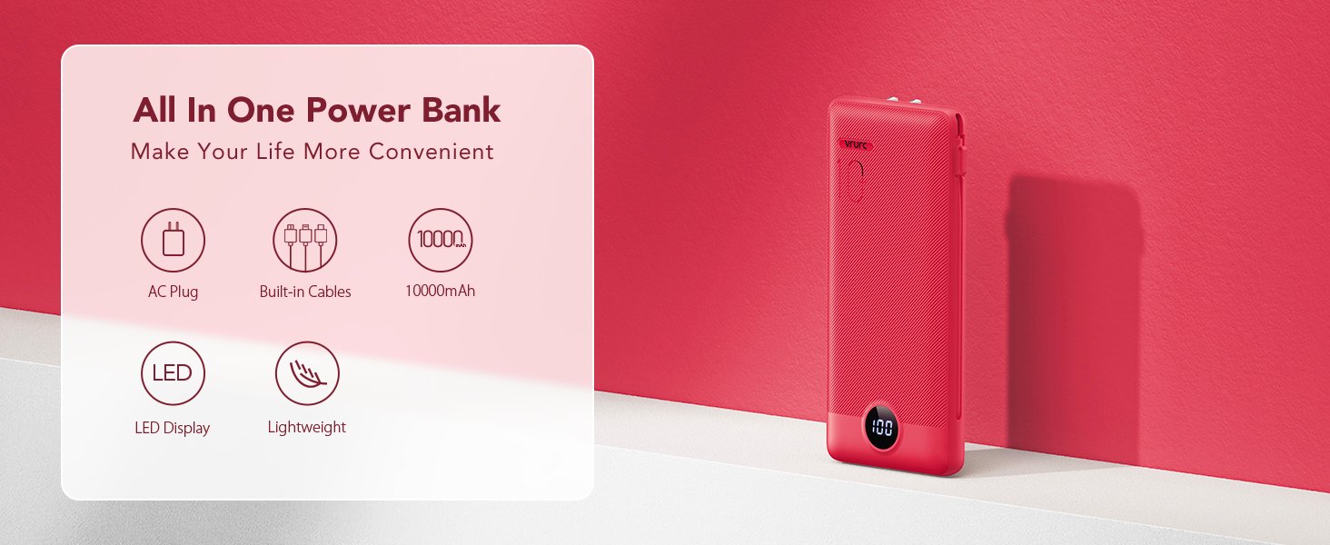 Portable Charger Built Cables Wall Plug, VRURC Power Bank 504